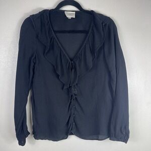 Sezane 100% Silk Ruffle Front Luce Blouse Top 34 (US 2) Black Long Sleeve